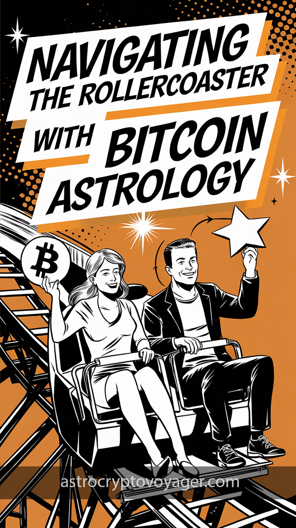 Comic book style, black and white with orange accents: Text on the image: "Navigating the Rollercoaster with Bitcoin Astrology"